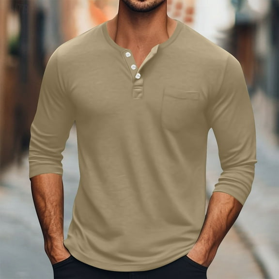 BADHUB Men's Henley Shirts Casual Long Sleeve Button Classic T-Shirt with Pocket Coffee M