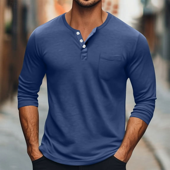 BADHUB Men's Henley Shirts Casual Long Sleeve Button Classic T-Shirt with Pocket Navy L