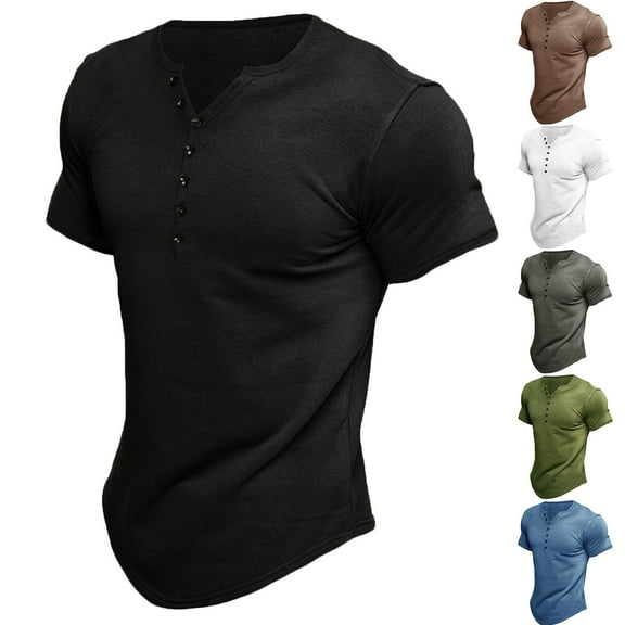 BADHUB Men's Henley T Shirts Solid Color Short Sleeve Casual T-Shirt Button V Neck Muscle Slim Fitted Basic Tee Gray L