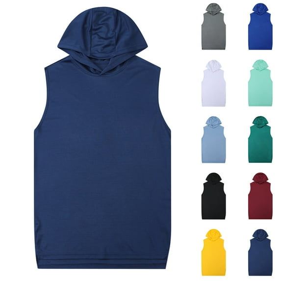 BADHUB Men's Hooded Tank Tops Solid Color Workout Training Sleeveless Hoodie Shirt Light Blue M