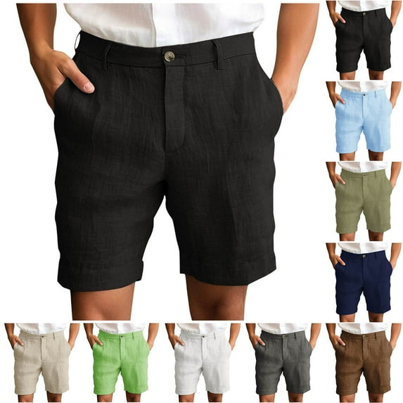 BADHUB Men's Linen Shorts Dressy Button Zipper Golf Shorts Casual Lightweight Solid Color Rolled Up Beach Shorts Clearance Khaki XXXL