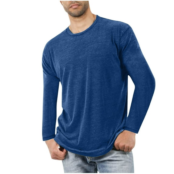 BADHUB Men's Long Sleeve Longline T-shirts Casual Crewneck Muscle Fit Basic Soft Shirts Blue XL
