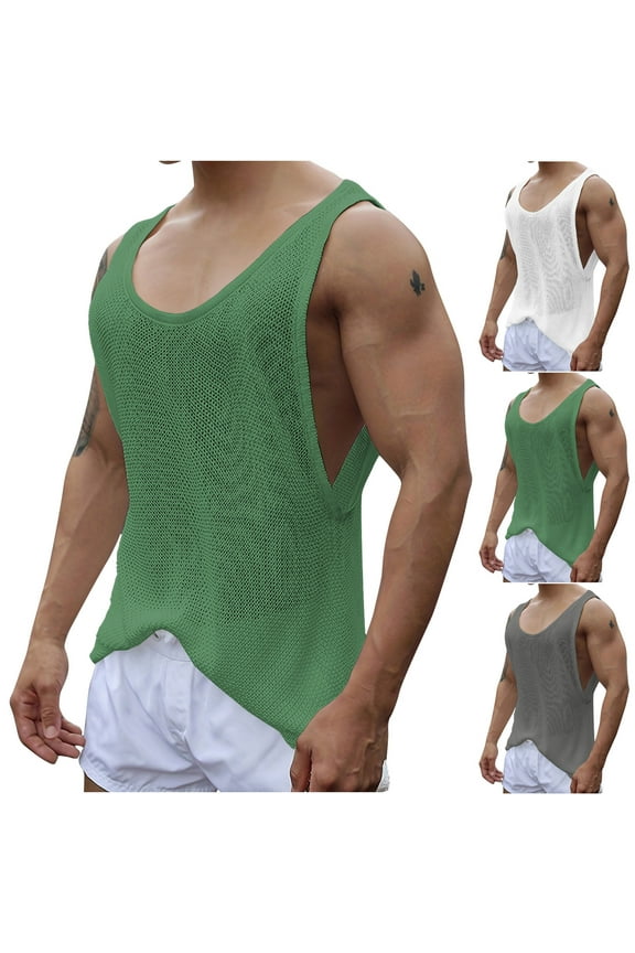 Men's Mesh Fishnet Tank Top Hollow Out Breathable Sleeveless Muscle Loose Undershirt Green L