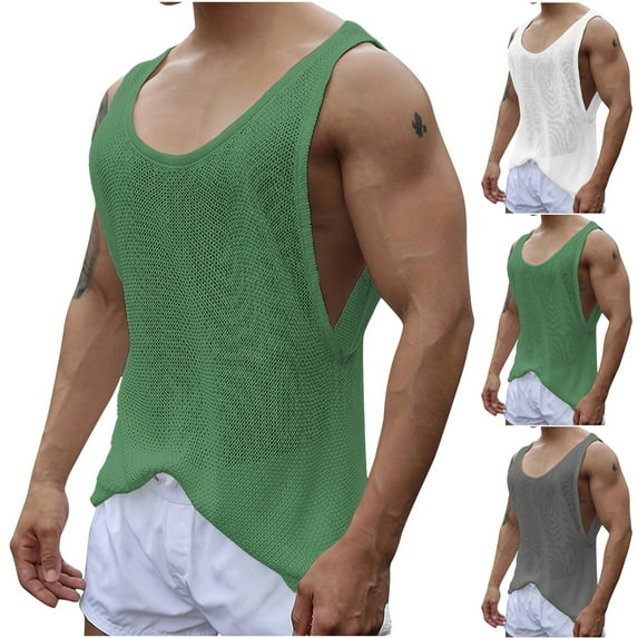 BADHUB Men's Mesh Fishnet Tank Top Hollow Out Breathable Sleeveless Muscle Loose Undershirt Summer Savings White L