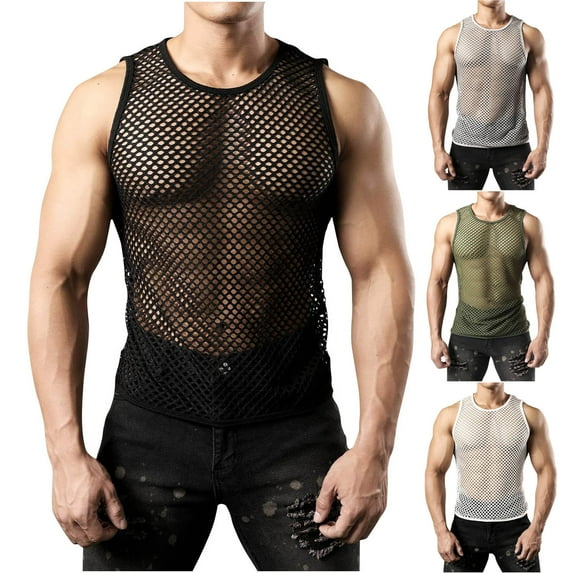 BADHUB Men's Mesh Fishnet Tank Top Hollow Out Crew Neck Sleeveless Undershirt Black S