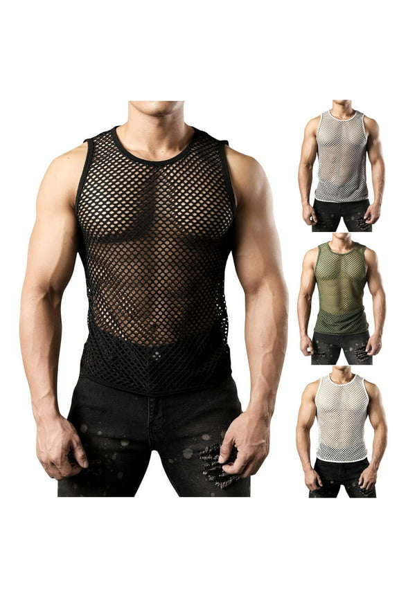 Men's Mesh Fishnet Tank Top Hollow Out Crew Neck Sleeveless Undershirt Black XL