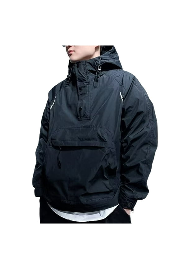 Men's Pullover Rain Jacket Quarter Zip Waterproof Hooded Windbreaker Lightweight Packable Anorak Golf Travel Raincoat with Pocket Black M