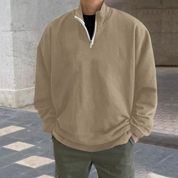 BADHUB Men's Quarter Zip Up Pullover Long Sleeve Golf Sweatshirts Hiking Running Athletic Shirts Lightweight Workout Sweatshirt on Clearance Beige,M