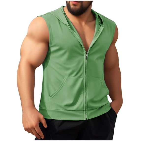 BADHUB Men's Sleeveless Muscle Hoodies Zip Up Workout Tank Tops Solid Color Gym Basic Summer Vest Green XXXL