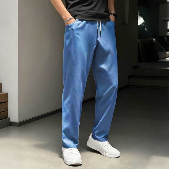 BADHUB Men's Straight Leg Pants Elastic Waist Drawstring Pant Casual Stretch Workwear Trousers with Pockets Blue S