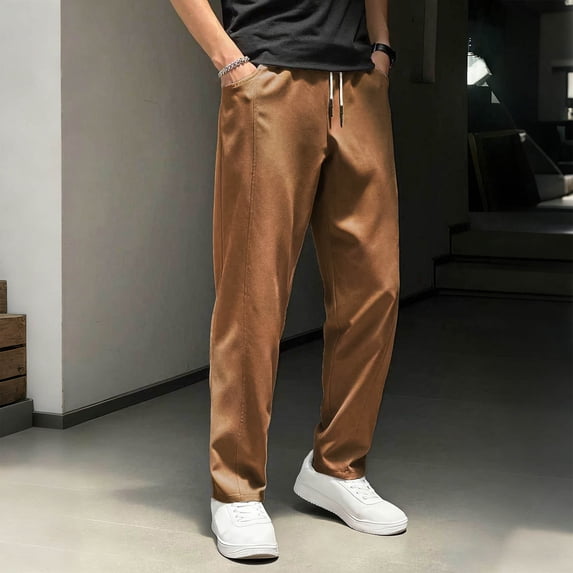 BADHUB Men's Straight Leg Pants Elastic Waist Drawstring Pant Casual Stretch Workwear Trousers with Pockets Bronze L