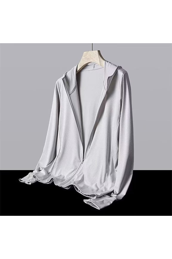 Men's Sun Protection Hooded Jacket Outdoor Pocket Zipper Long Sleeve Running Fitness Breathable Mesh Shirts Gray