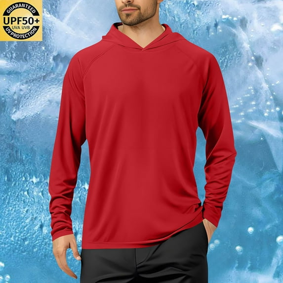 BADHUB Men's Sun Protection Hoodie Shirts UPF 50+ Long Sleeve UV SPF T-Shirts Rash Guard Fishing Lightweight Hiking Tops Red S