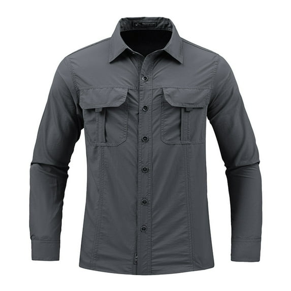 BADHUB Men's Sun Shirts Button Down Quick Dry Long Sleeve Lapel UV Outdoor Hiking Top(Big and Tall) Gray