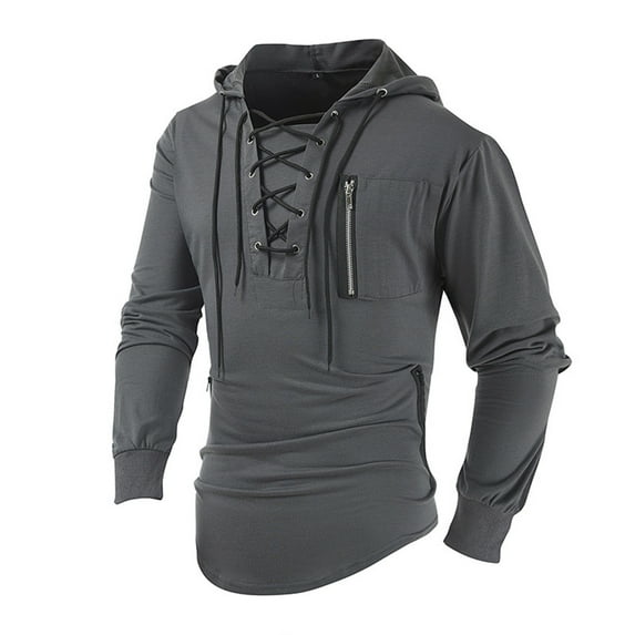 BADHUB Men 's Tactical Hoodies Sweatshirt Lightweight Retro Lace Up Gym Athletic Hooded Pullover Slim Fit Long Sleeve Outdoor Hoody Tops with Zipper Pocket Gray,XL