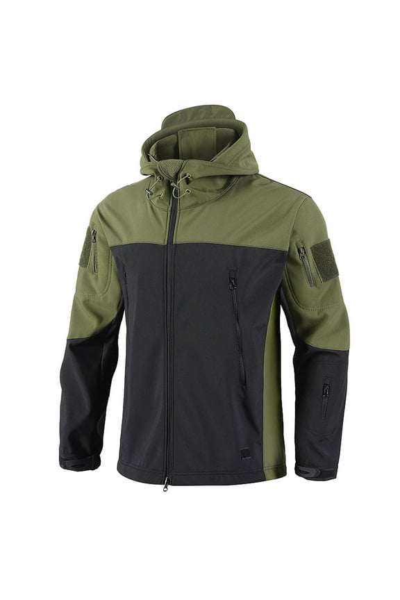 Men's Tactical Jacket with Hood Color Block Waterproof Rain Jacket Performance Outdoor Soft Shell Rain Coat Zipper Hiking Fishing Outwear with Multi-Pockets Winter