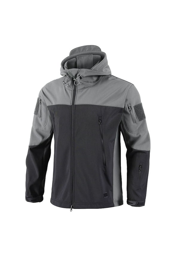 Men's Tactical Jacket with Hood Color Block Waterproof Rain Jacket Performance Outdoor Soft Shell Rain Coat Zipper Hiking Fishing Outwear with Multi-Pockets Winter Clearance