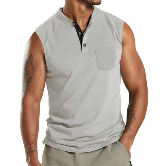 BADHUB Men's Tank Tops Henley Button V Neck Sleeveless Shirts Collar Solid Color Basic Summer Vest with Front Pocket Gray XXL