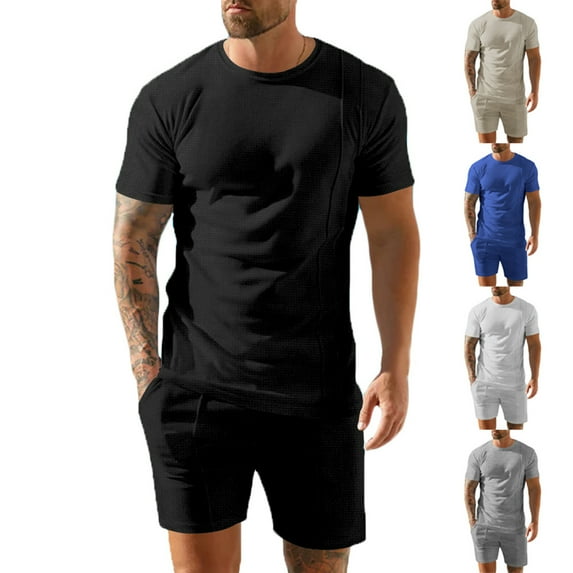 BADHUB Men's Waffle Sets 2 Piece Outfits Short Sleeve Crew Neck T Shirt and Shorts Summer Beach Track Suit Summer Savings Khaki L