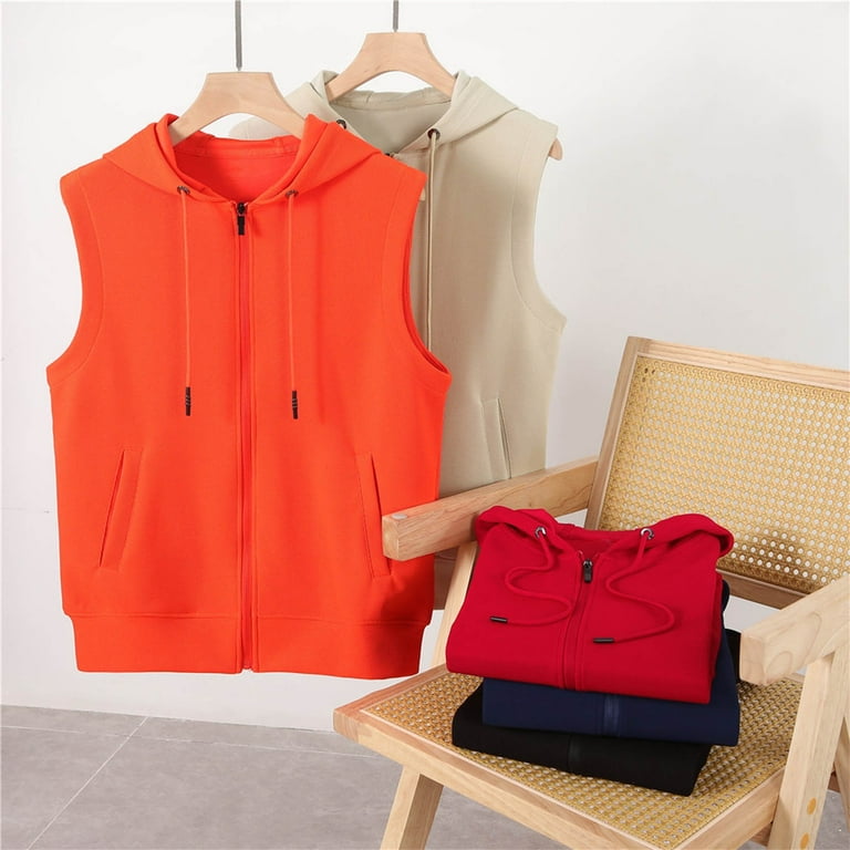 BADHUB Men's Waffle Sleeveless Hooded Top Drawstring Zipper