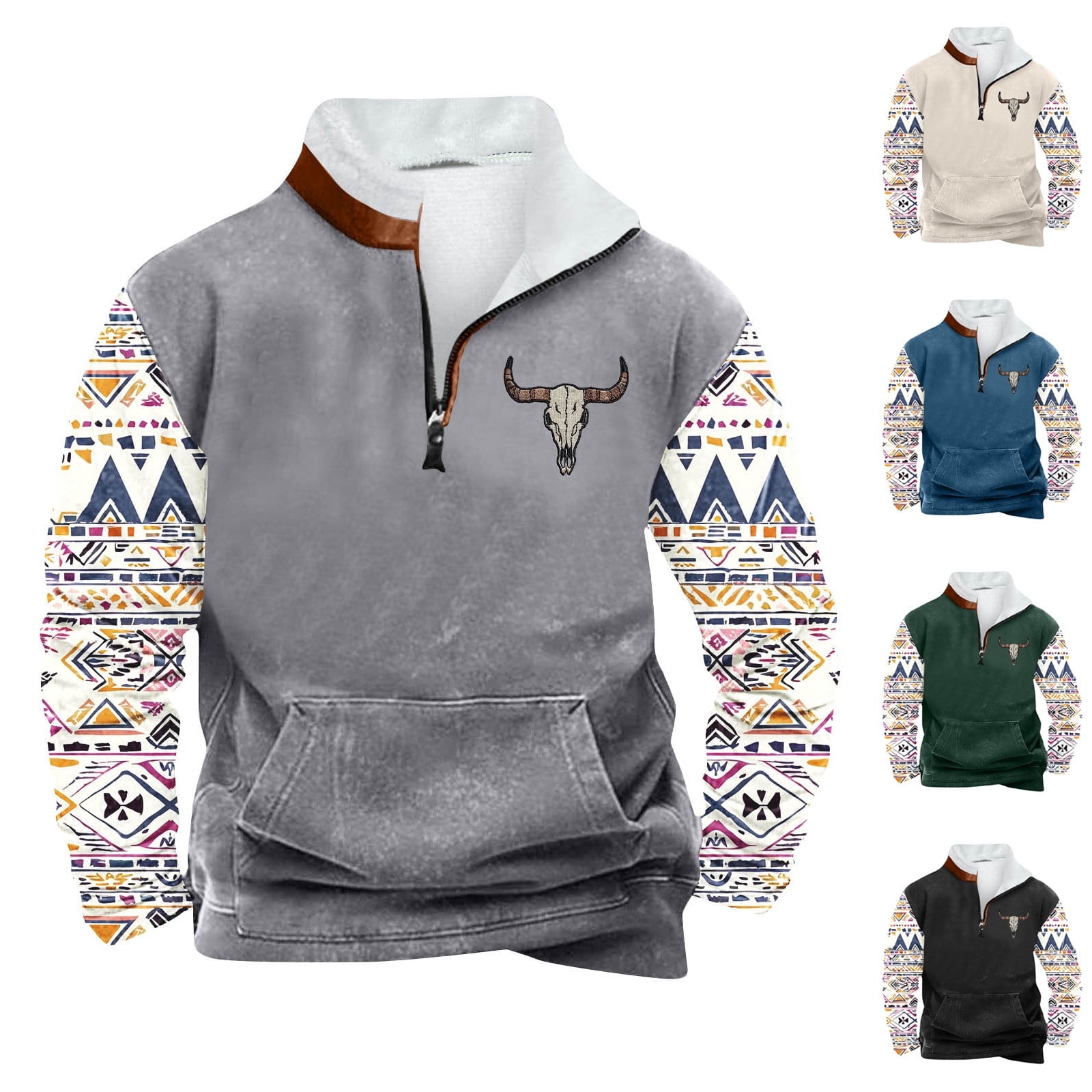 Sweat-shirt Style Cowboy Aztèque Pour Homme, Style Western Vintage, Décontracté, Manches Longues, Demi-fermeture éclair, Pour L'automne Et L' Hiver