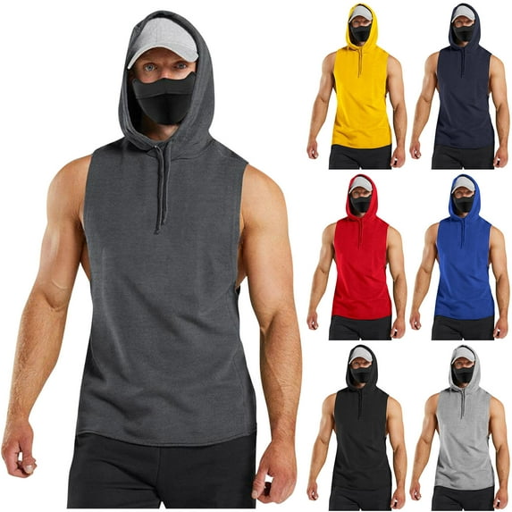 BADHUB Mens 2025 Hooded Tank Tops Summer Casual Beach Sleeveless Gym Hoodies Bodybuilding Muscle Cotton Shirts Dark Gray M