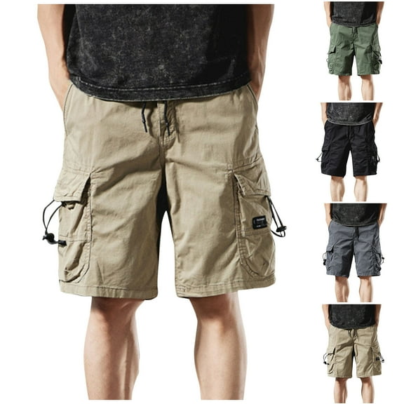 BADHUB Mens Big & Tall Cargo Shorts Elastic Waist Drawstring Hiking Shorts Knee Lenght Athletic Outdoor Cotton Khaki Shorts Black XXXL