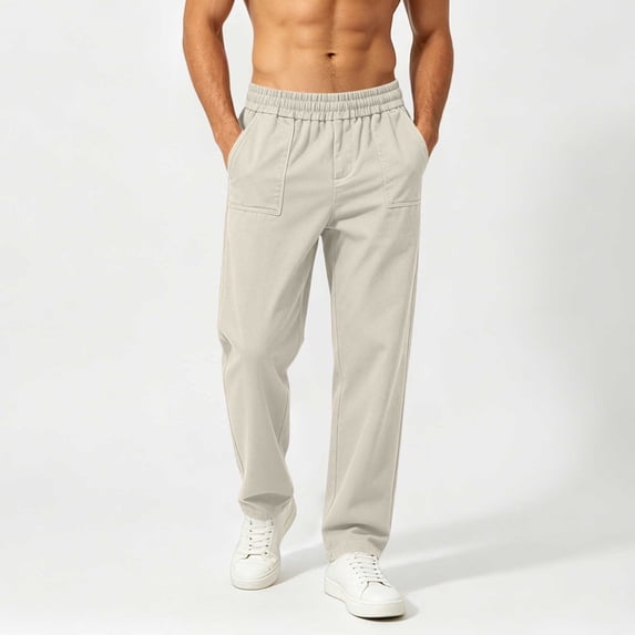 BADHUB Mens Chino Pants Straight Fit Drawstring Pant Lightweight Flat Front Loose Fit Trousers with Pockets Beige XL