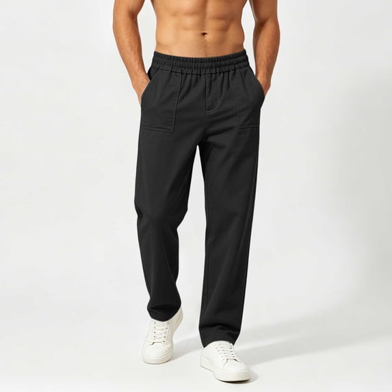 BADHUB Mens Chino Pants Straight Fit Drawstring Pant Lightweight Flat Front Loose Fit Trousers with Pockets Black 3XL
