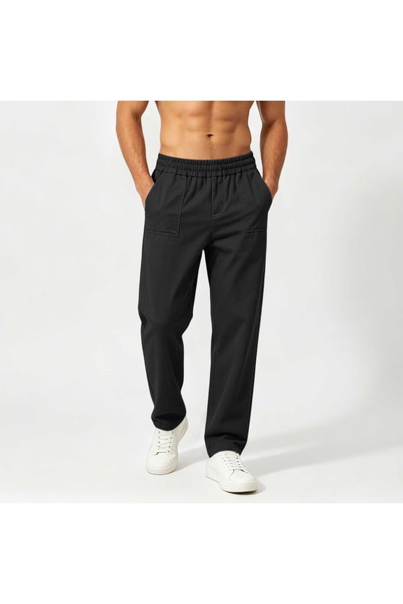 Mens Chino Pants Straight Fit Drawstring Pant Lightweight Flat Front Loose Fit Trousers with Pockets Black S