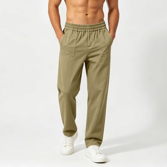 BADHUB Mens Chino Pants Straight Fit Drawstring Pant Lightweight Flat Front Loose Fit Trousers with Pockets Khaki M