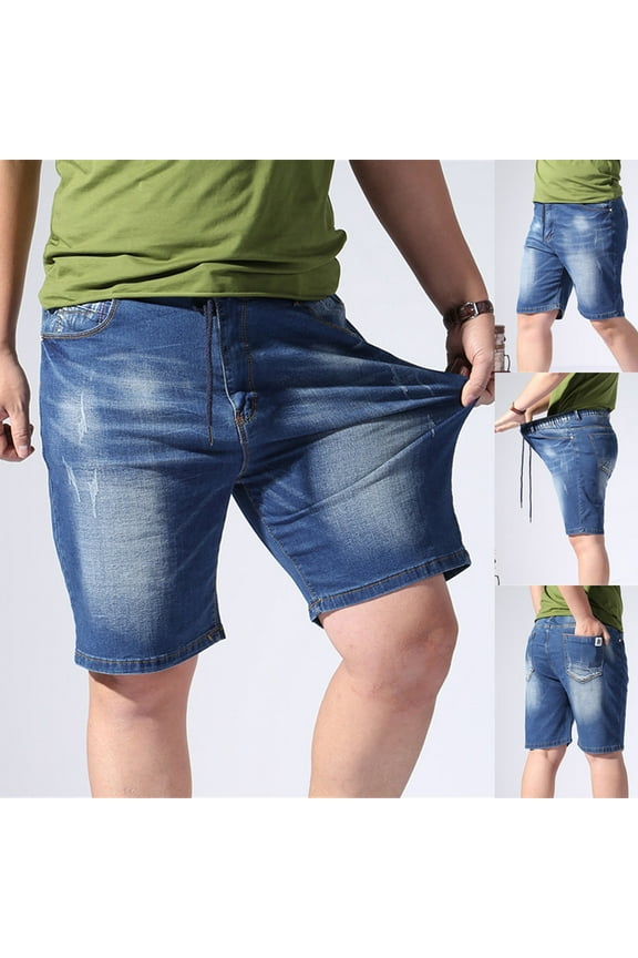 Mens Denim Shorts Big & Tall Elastic Waist Drawstring Casual Short Stretch Baggy Outdoor Cago Shorts Dark Blue XXXL