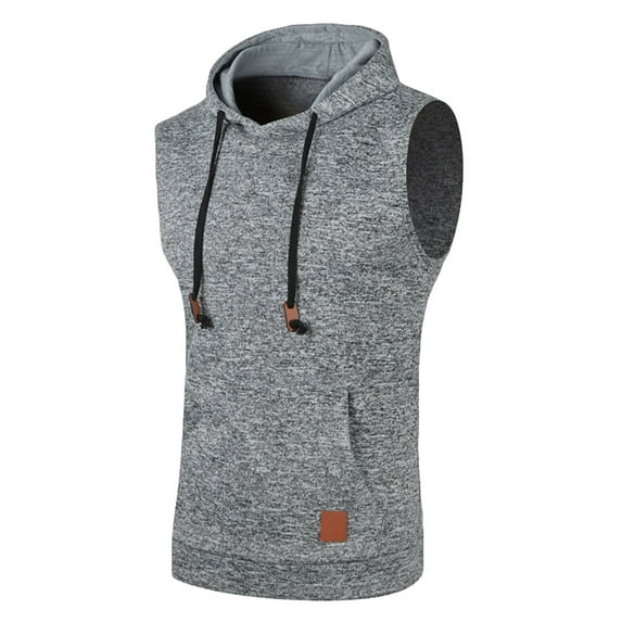 BADHUB Mens Drawstring Sleeveless Hoodies Workout Fitness Hooded Tank Tops Solid Color Slim Summer Vest Clearance Gray M