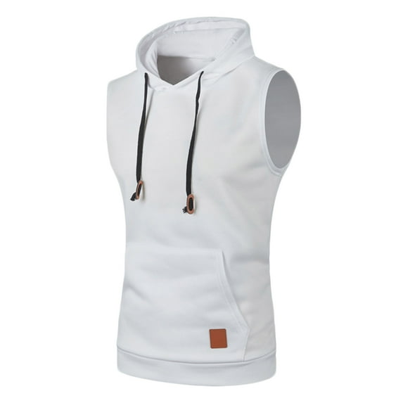 BADHUB Mens Drawstring Sleeveless Hoodies Workout Fitness Hooded Tank Tops Solid Color Slim Summer Vest Clearance White M