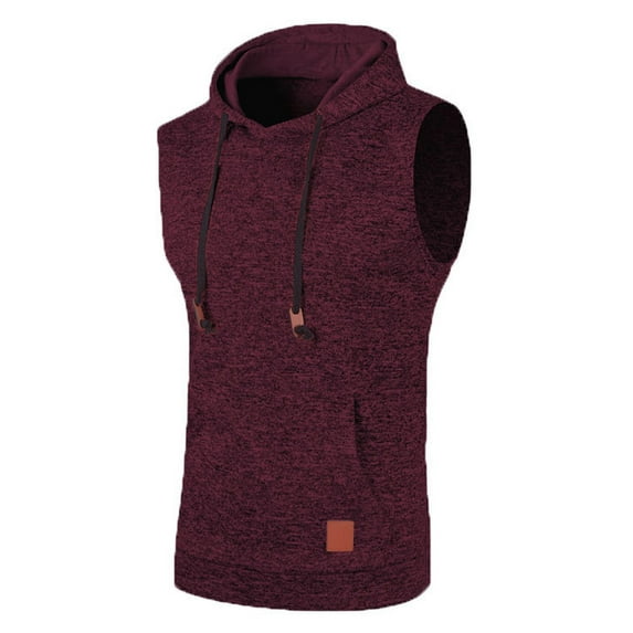 BADHUB Mens Drawstring Sleeveless Hoodies Workout Fitness Hooded Tank Tops Solid Color Slim Summer Vest Clearance Wine L