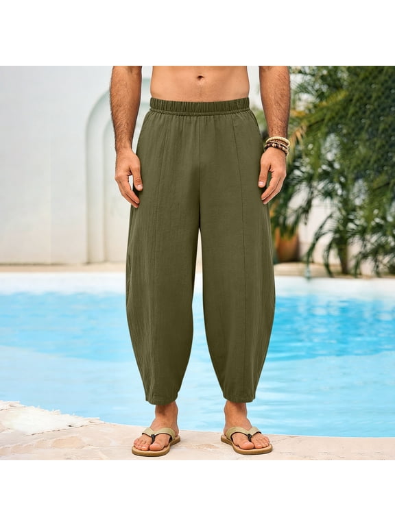 Mens Harem Pants Casual Elastic Waist Drawstring Cotton Cropped Pants Baggy Hippie Boho Beach Trousers Army Green M