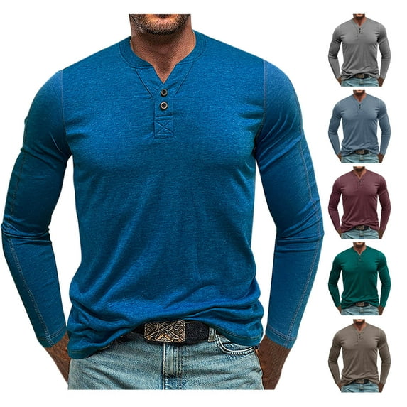 BADHUB Mens Henley Long Sleeve T-Shirt Classic V Neck Button Stretch Casual Slim Fit Shirt Father's Day Gift Wine L