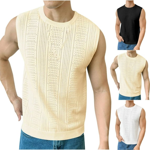 BADHUB Mens Knitted Tank Tops Sleeveless Crochet Hollow Out Tees Summer Beach Hippie Sweater Vest Beige XXXL