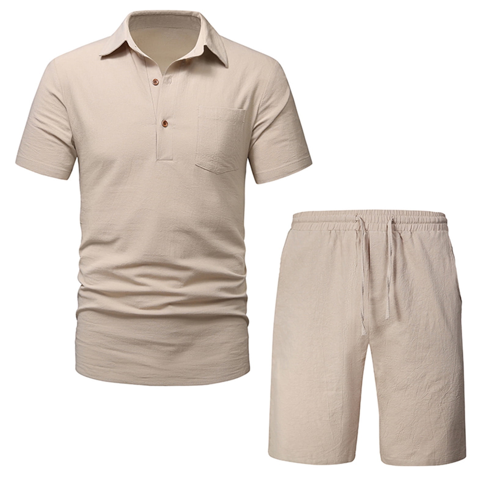 Men's Linen Suit Short Sleeve Button Down Shirt and Matching Bermuda Shorts Set