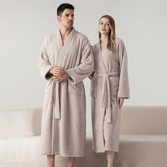 BADHUB Mens Plush Robe Flannel Fleece Full Length Bathrobe Warm House Coat Long Absorbent Robe with Belt & Pockets Beige L