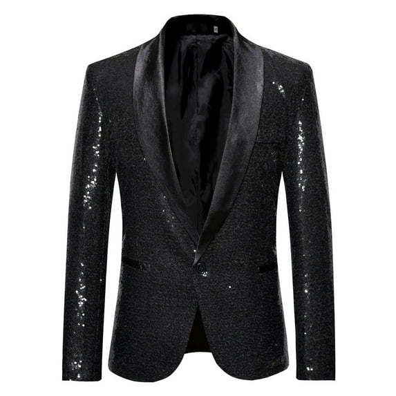 BADHUB Mens Sequin Blazer Sparkle Suit Prom Jacket Party Shiny Tuxedo Banquet Celebration Fashion Sport Coat Black XL