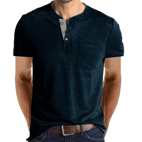 BADHUB Mens Solid Color Henry Shirt Casual Short Sleeve Quarter Button T Shirts for Men Loose Fit Lightweight Summer Tee Tops with Pocket
