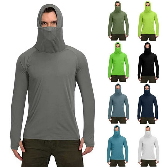 BADHUB Mens UPF 50+ Sun Protection Shirt Long Sleeve Thumbholes Hoodies Lightweight Quick Dry Hiking Fishing Shirt with Mask Gray S