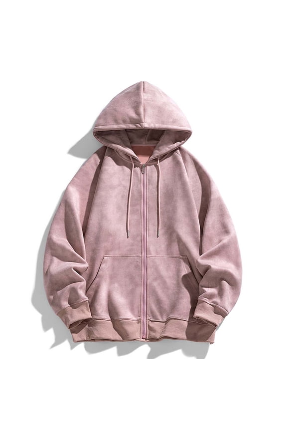 Mens Zip Up Acid Wash Hoodie Vintage Couple Pullover Casual Fall Jacket Cotton Hooded Sweatshirts with Pockets Streetwear Pink L