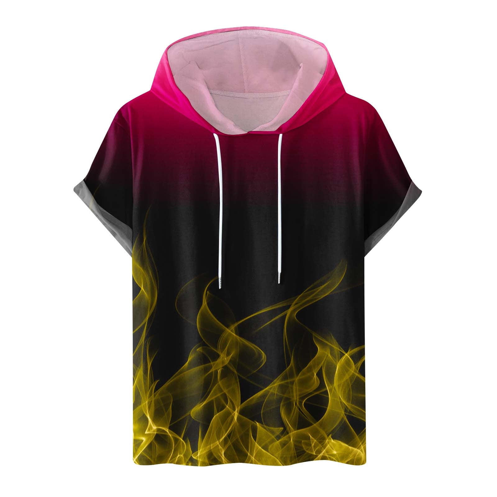 BADHUB Oversized Short Sleeve Hoodies for Men Casual Loose Gradient Flame Print Top Sports Hooded Sweatshirt Workout Drawstring Pullover Holiday Deals Walmart