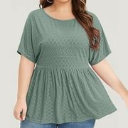 BADHUB Peplum Tops for Women Plus Size Palace Lock T-Shirt Solid Color Short Sleeve Shirts 2024 Crew Neck Babydoll Style Tunic Casual Ruffle Summer Blouses
