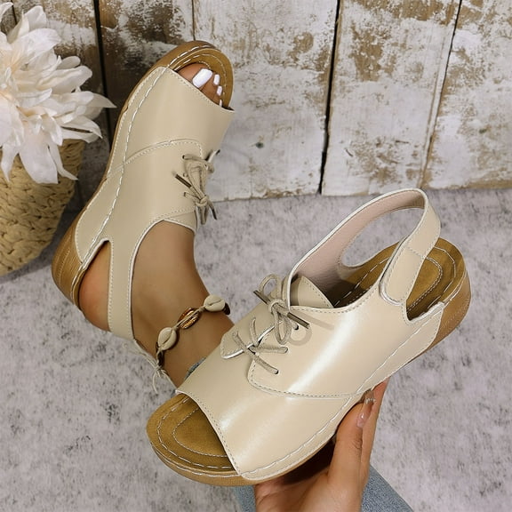 BADHUB Platform Leather Sandlas for Women Summer Open Toe Fish Mouth Wide Sole Ankle Strap Comfortable Dressy Outdoor Waiking Shoes Beige 39