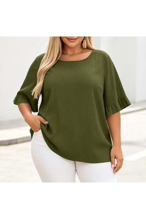 Plus Size Blouse for Women Crewneck 3/4 Sleeve Tunic Top Ruffle Cuff Crinkle Texture Casual Shirts for Everyday Wear Army Green XL