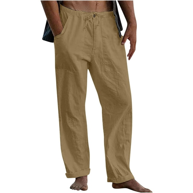 BADHUB Plus Size Cargo Pants for Men Cotton Linen Soild Color Work Pants Lightweight Elastic Waist Trourses Casual on Clearance Yellow,S