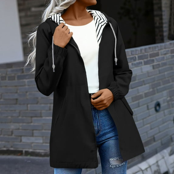 BADHUB Plus Size Rain Jacket for Women Waterproof Windbreaker Lightweight Pockets Striped Lined Raincoats with Hood Black 5XL